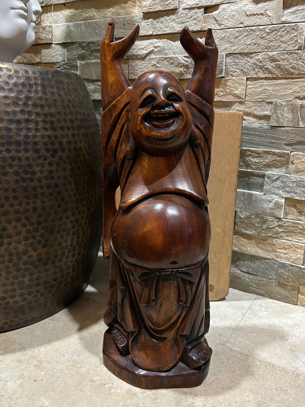 Vintage Hand-Carved Wooden Laughing Buddha Statue 18”h